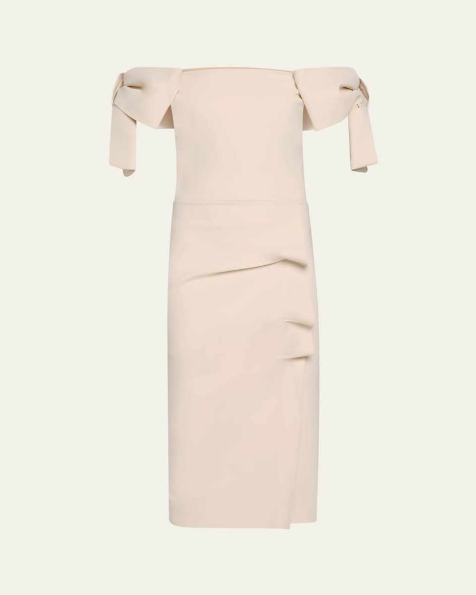 Bunjiree Off-Shoulder Bow Midi Sheath Dress